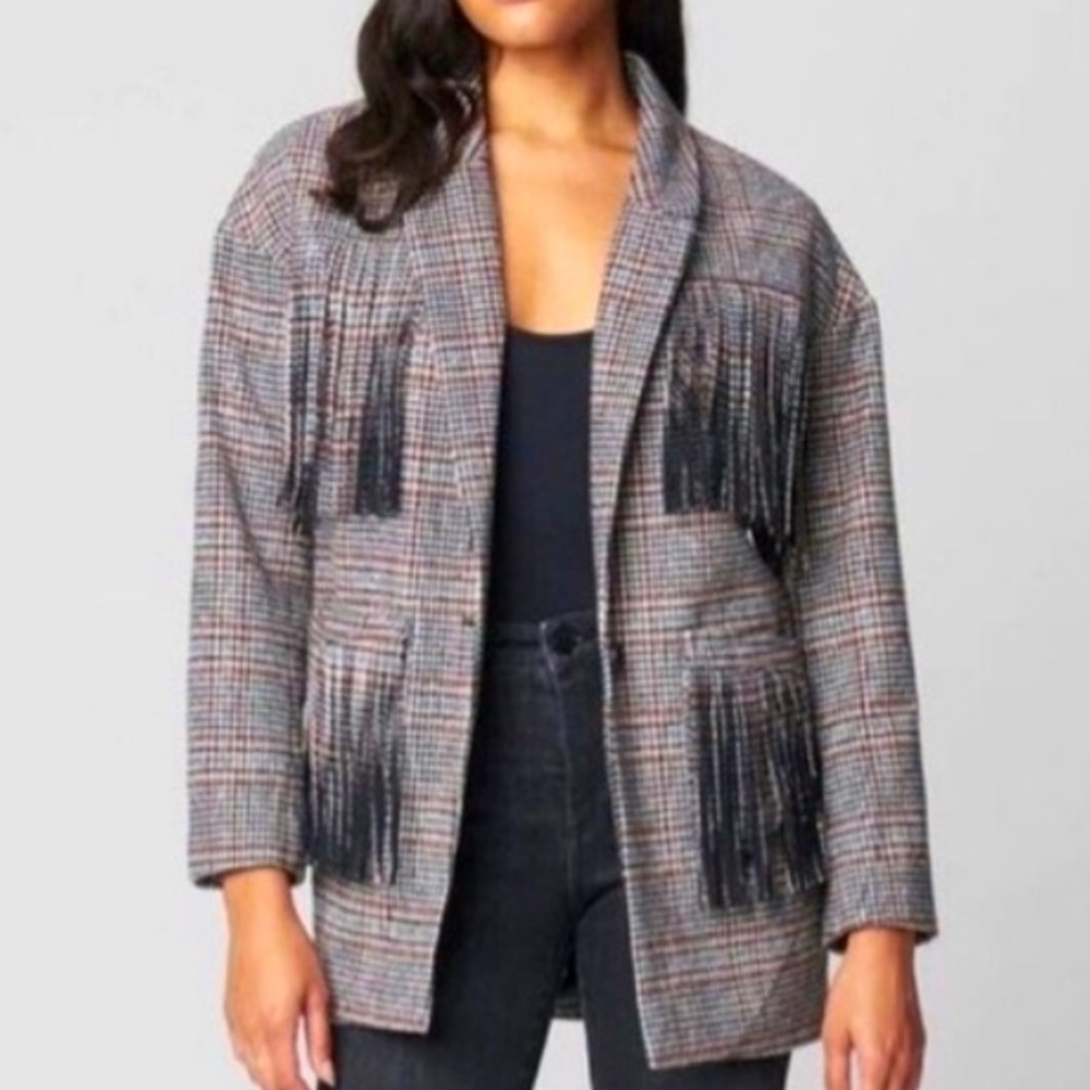 Blank NYC Blazer Jacket Fringe Houndstooth Oversized Boho Western